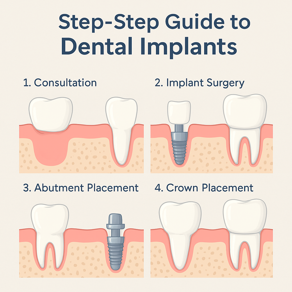 Step-by-step diagram of dental implant procedure in Woodland Hills with text overlay
