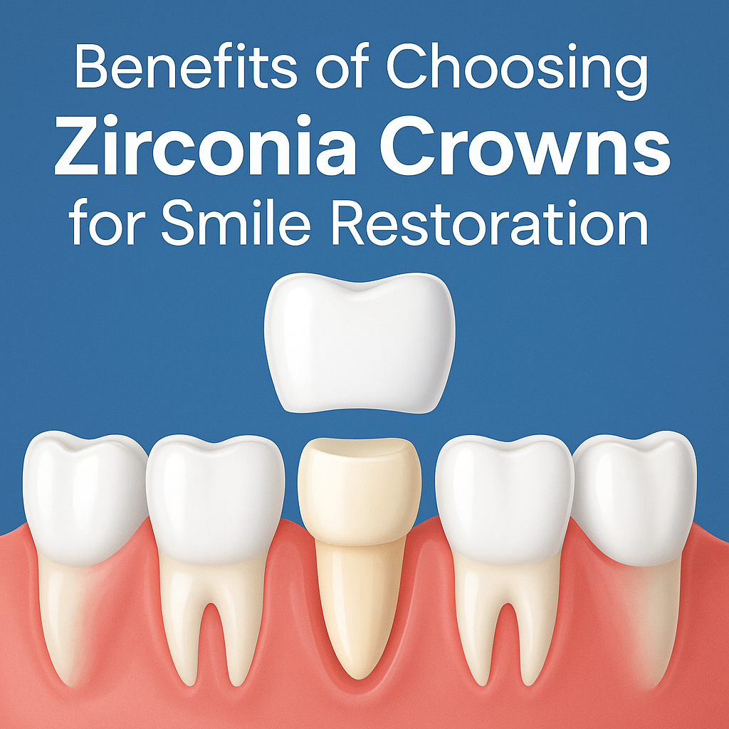 Dental illustration showing a zirconia crown being placed over a natural tooth with blog title