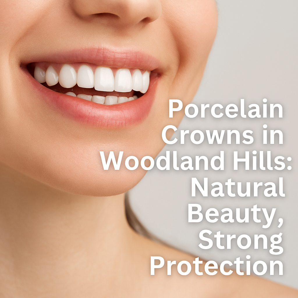 Dental image showing porcelain crown being placed on a tooth.