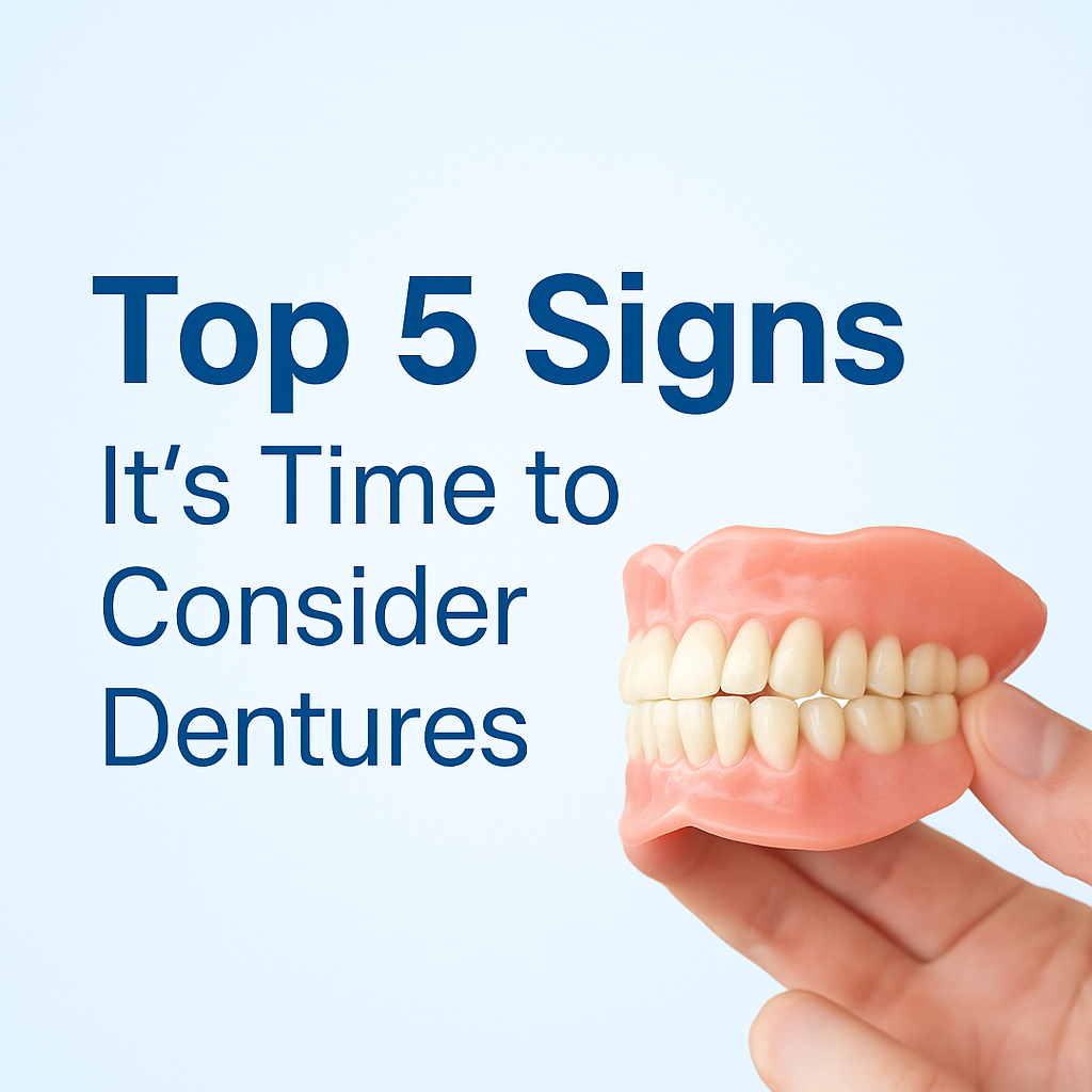 A smiling patient holding dentures, showcasing dental restoration in Woodland Hills.