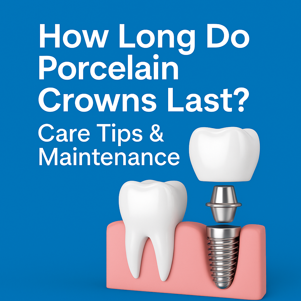Close-up of a porcelain crown on a molar with care tips overlay