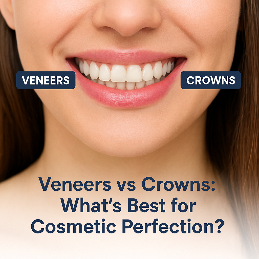 Smiling patient with half veneers and half crowns for cosmetic comparison.
