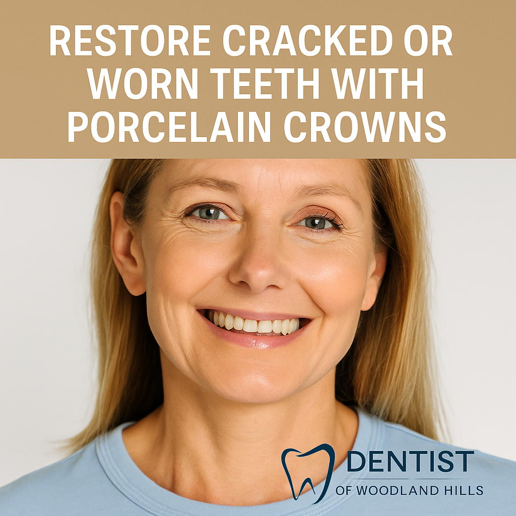 Patient smiling after getting porcelain crown treatment in Woodland Hills