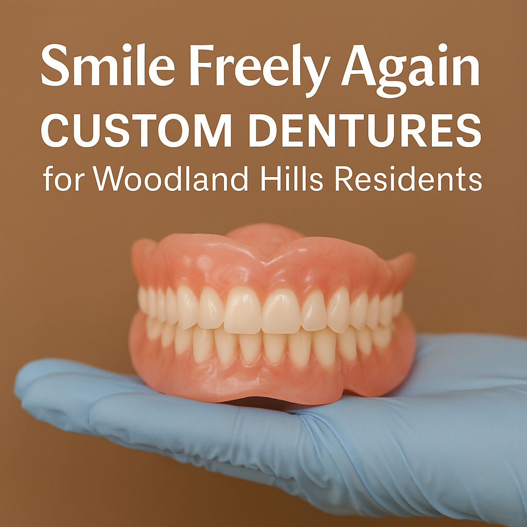 Custom dentures held by gloved hand – Woodland Hills Dental