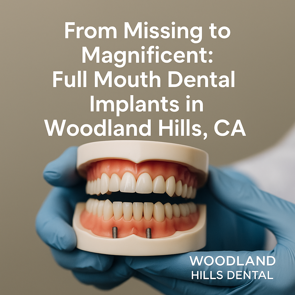 Dental model showing implant-supported full arch teeth held in gloved hands