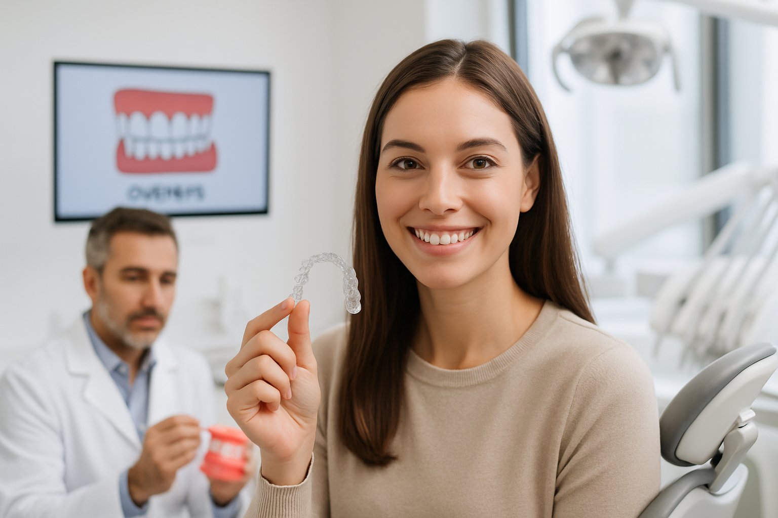 A young woman holding a clear Invisalign aligner while a dentist explains dental treatment using a teeth model in a dental clinic.