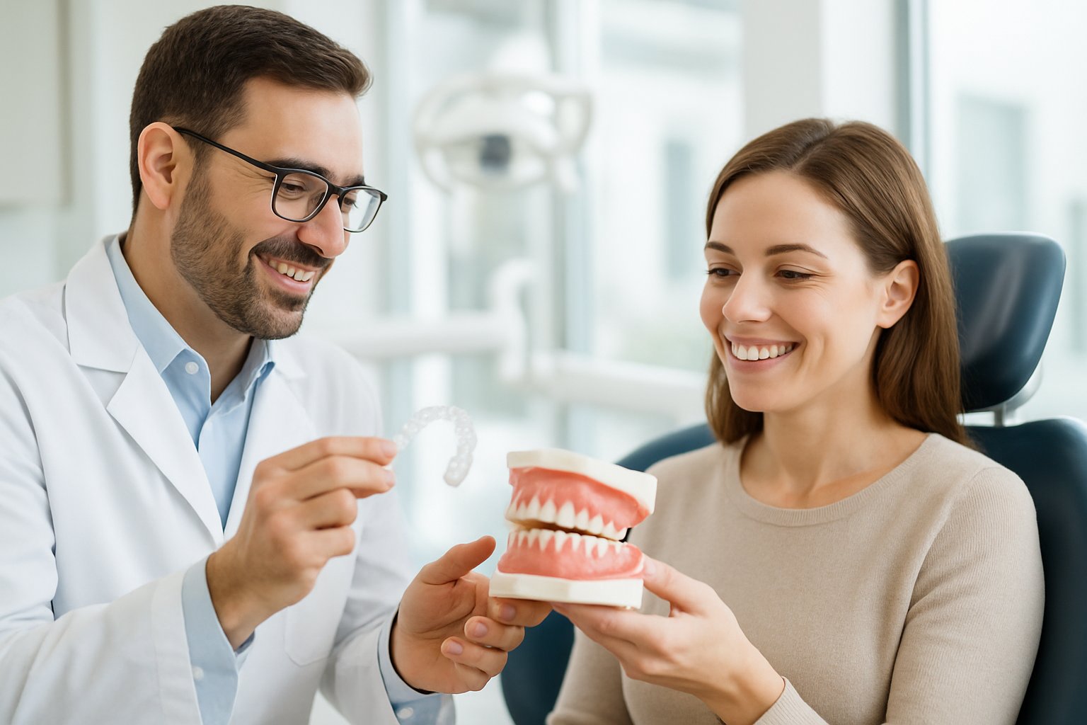 A dentist explains Invisalign treatment for overbites to a smiling adult patient in a modern dental office.