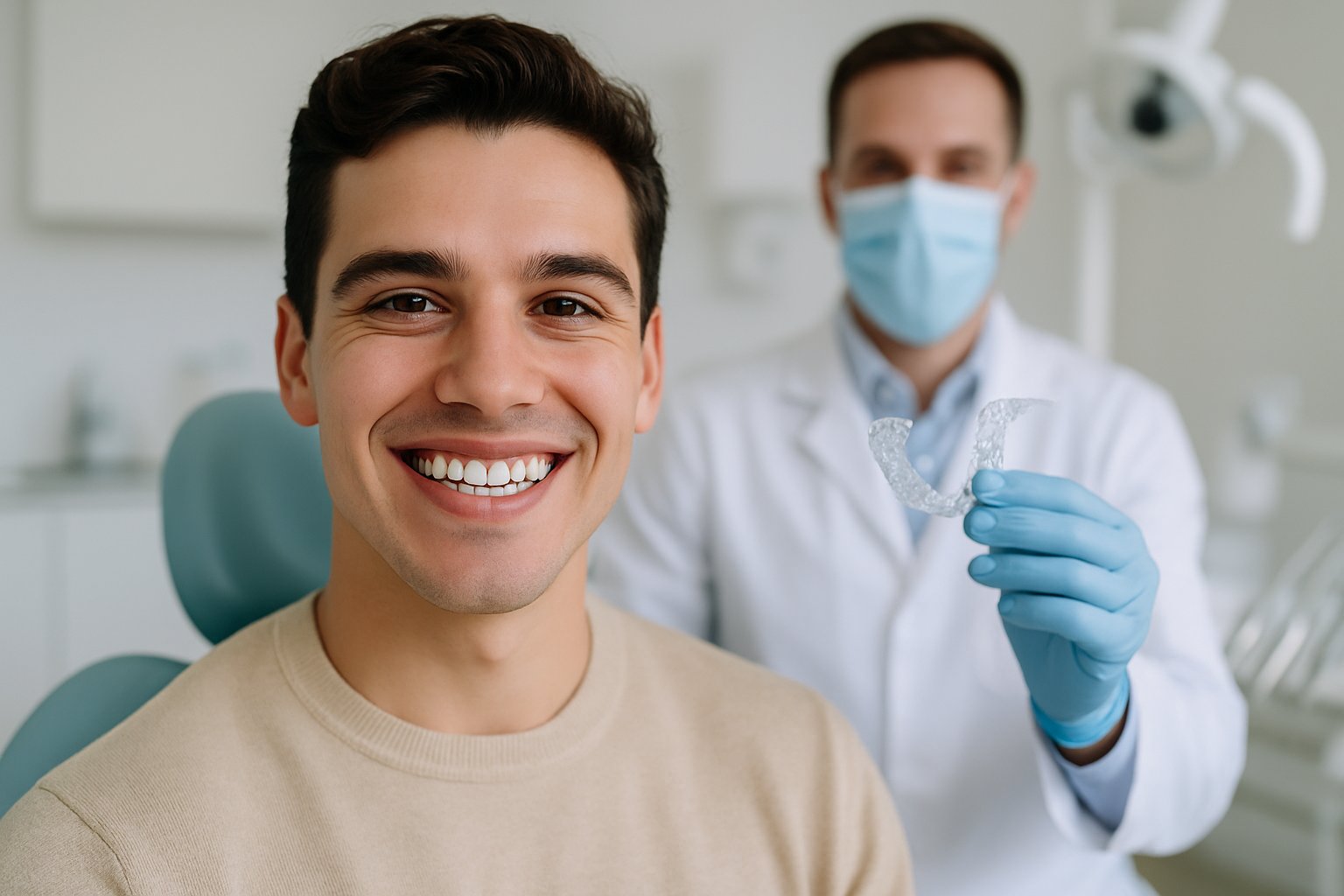 A young adult smiling in a dental clinic while a dentist holds a clear Invisalign aligner in the background.