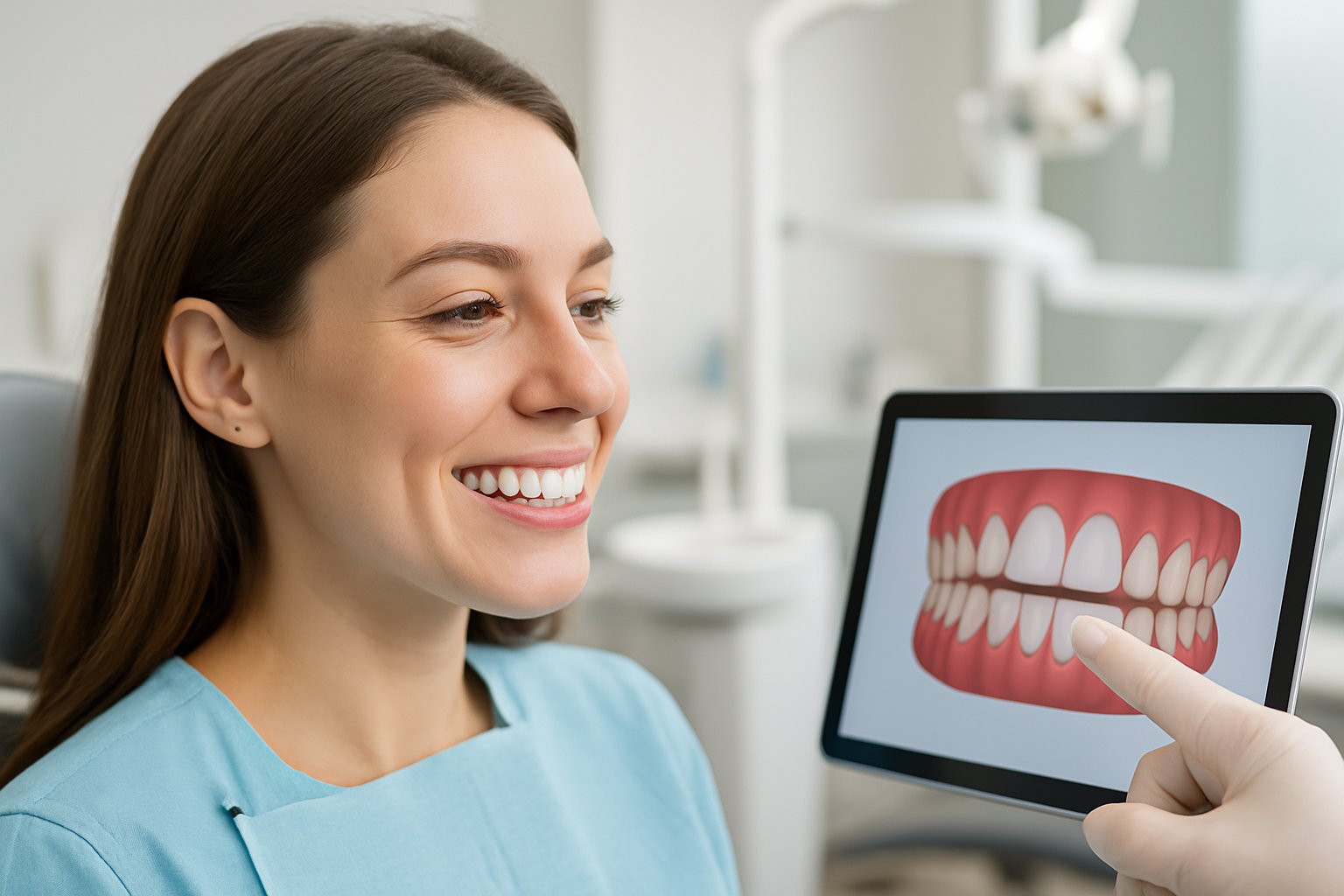 A dentist showing a digital 3D model of teeth to a smiling young woman in a dental clinic.