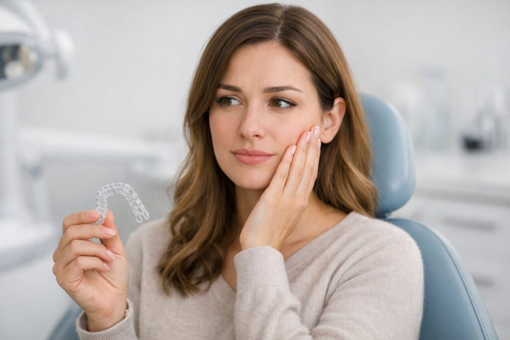 A young woman in a dental clinic holding a clear Invisalign aligner and touching her cheek with a thoughtful expression.
