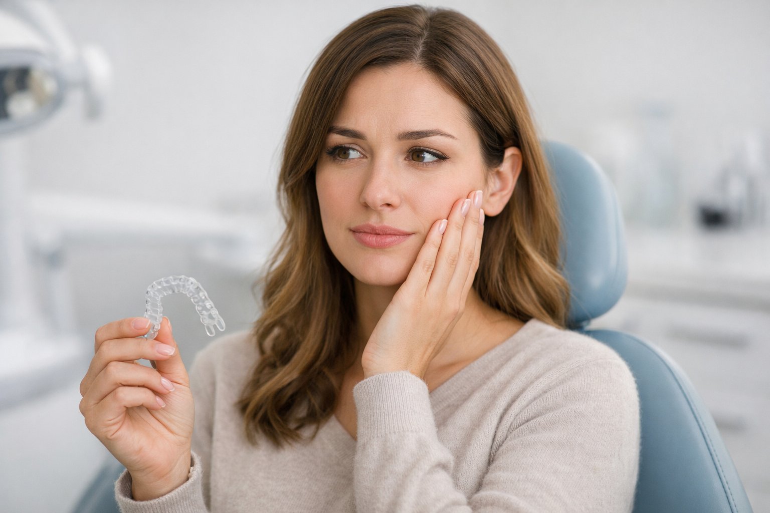 A young woman in a dental clinic holding a clear Invisalign aligner and touching her cheek with a thoughtful expression.