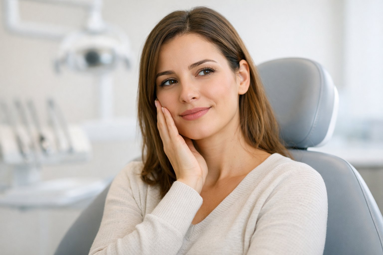 A young woman sitting in a dental clinic, gently touching her cheek with a thoughtful expression.