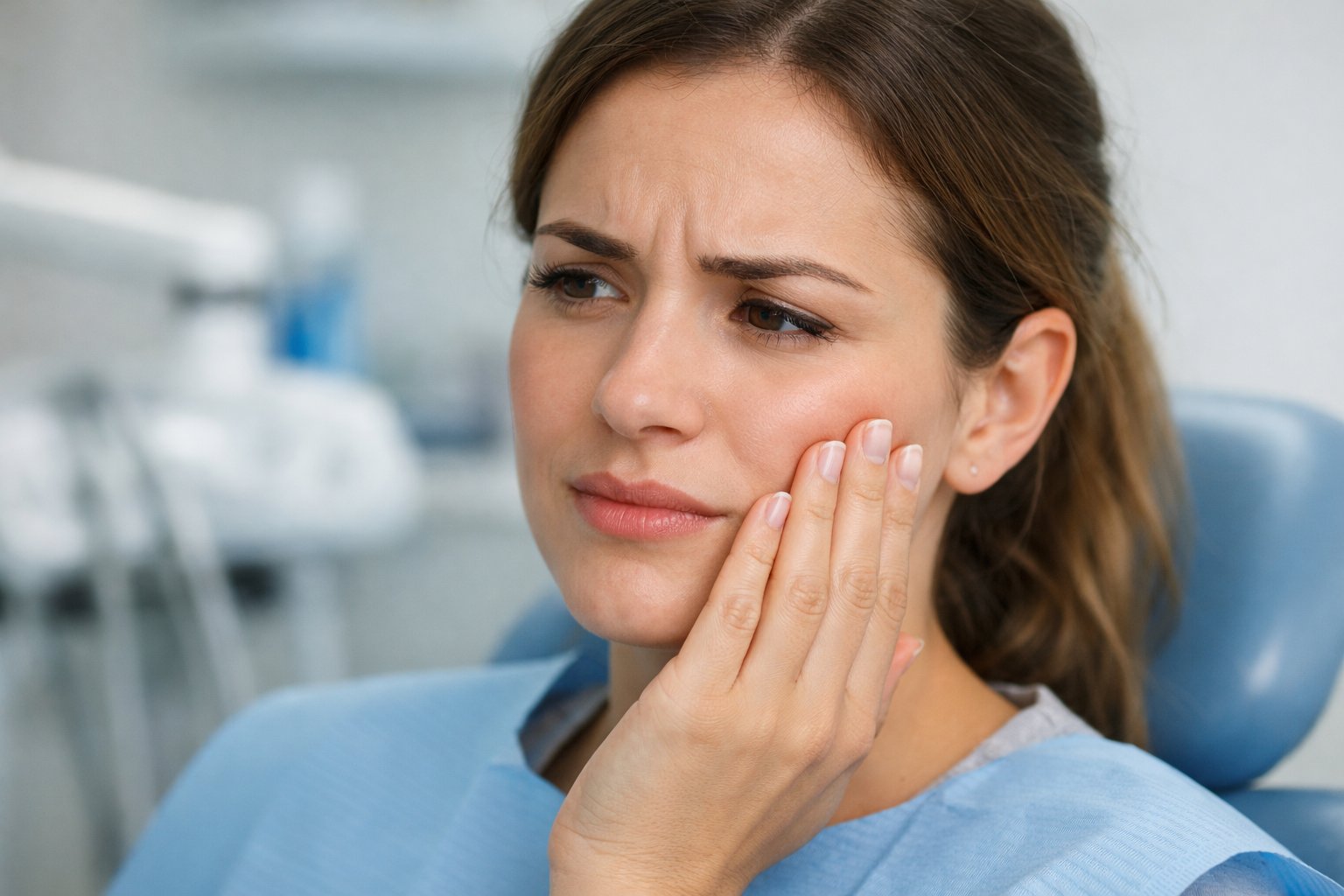 A young woman touching her cheek with a concerned expression in a dental office.