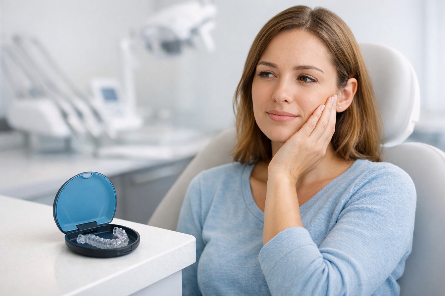A young woman sitting in a dental clinic gently touching her cheek with an open Invisalign aligner case on the counter beside her.