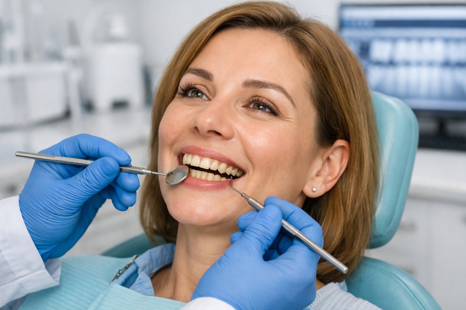 A woman sitting in a dental chair having her teeth examined by a dentist in a dental clinic.