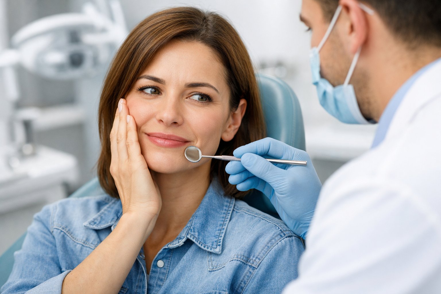 A woman in a dental clinic with a dentist examining her teeth.