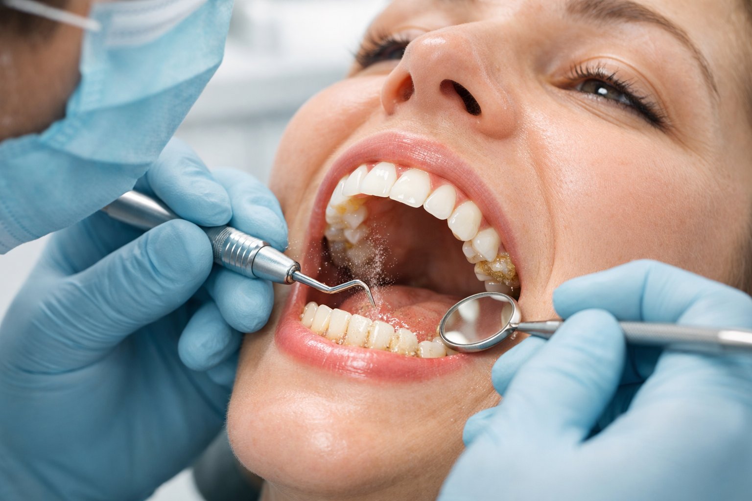 A dentist cleaning a patient's teeth inside a dental clinic.