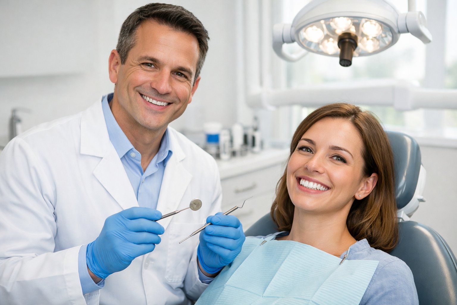 A dentist examining a smiling patient's teeth in a dental clinic.