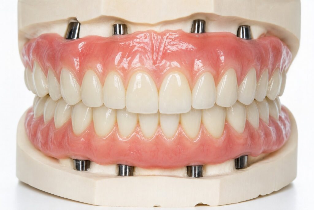 Close-up of a human jaw showing full mouth dental implants securely placed without bone reduction.