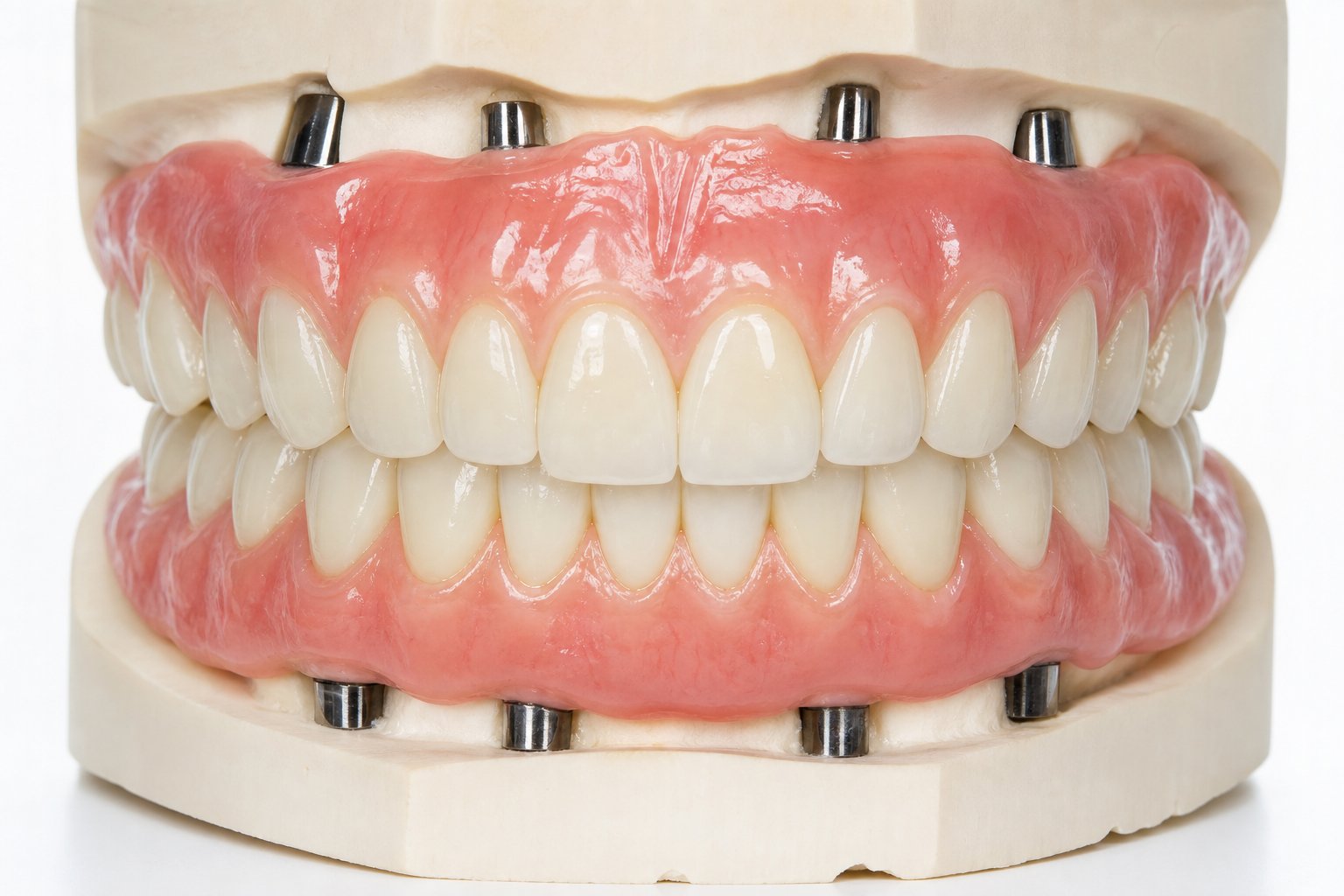 Close-up of a human jaw showing full mouth dental implants securely placed without bone reduction.