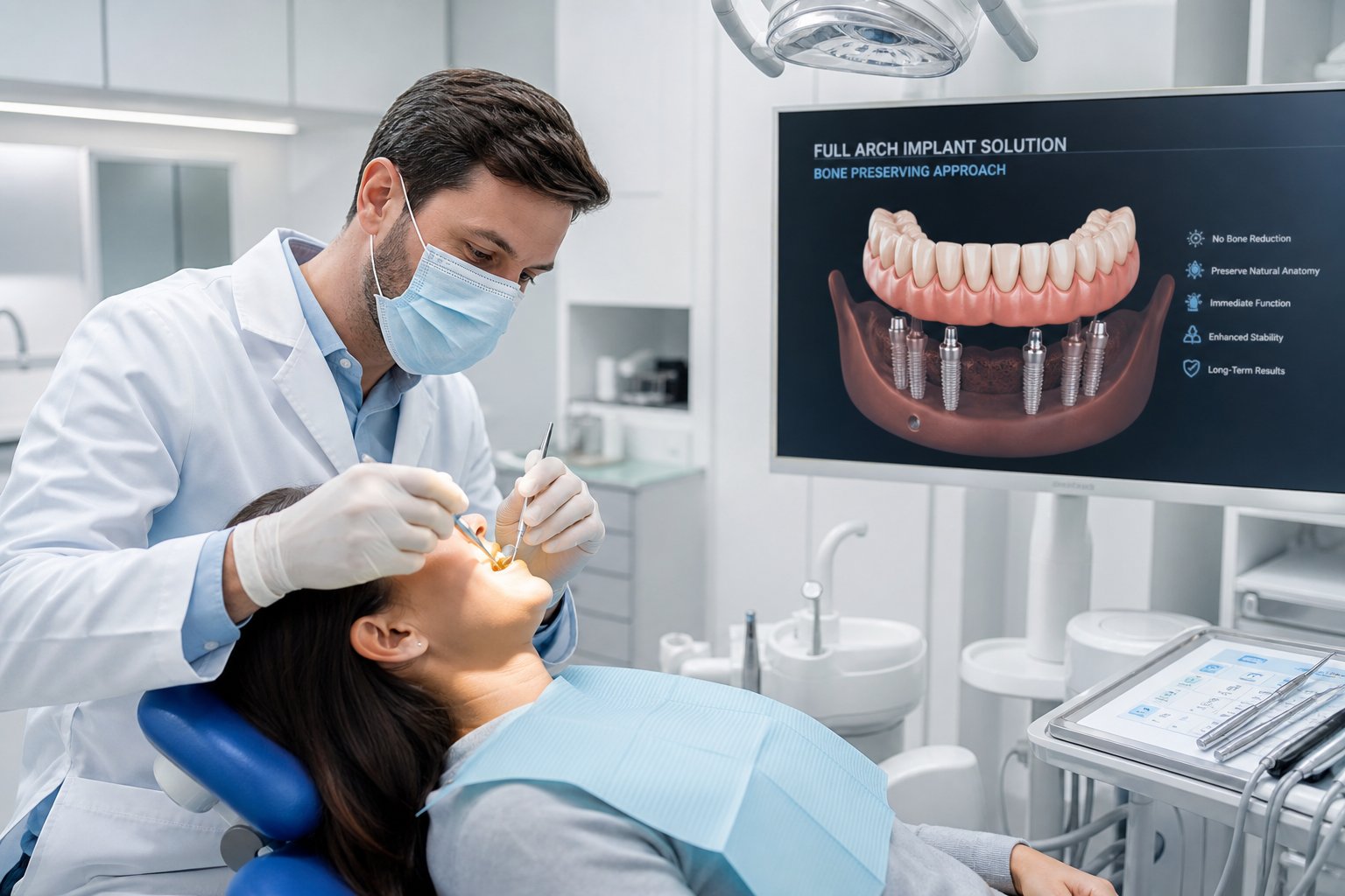 Dentist examining a patient's mouth in a dental clinic with a 3D model of teeth and jawbone displayed on a monitor.