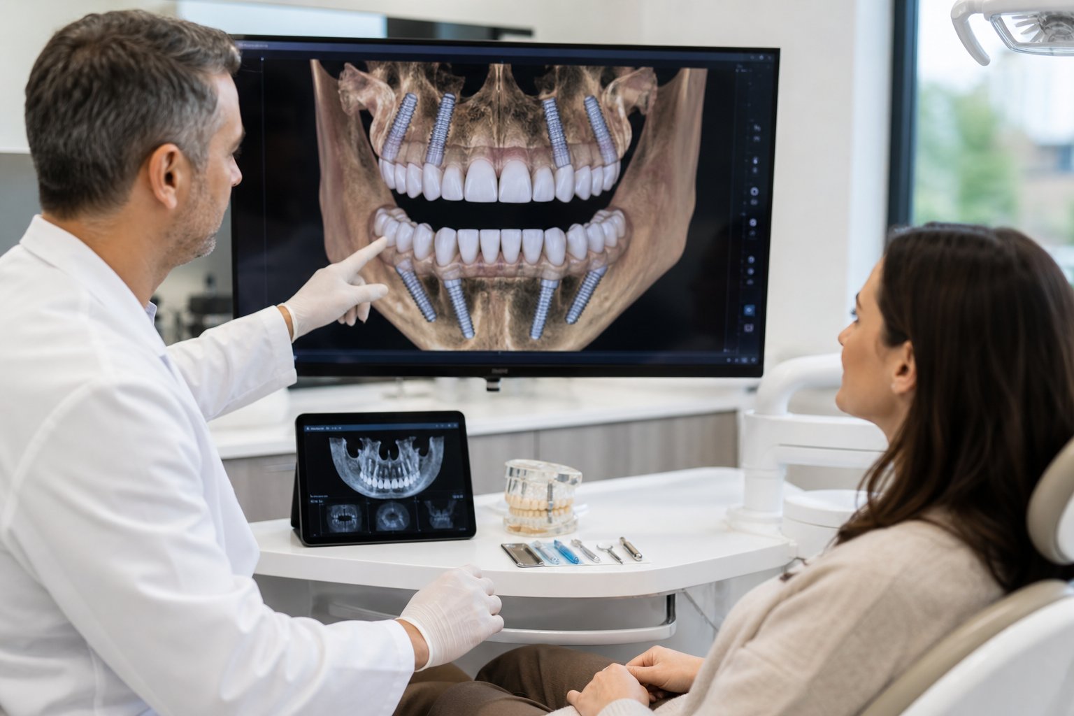 Dentist showing a 3D digital model of dental implants to a patient in a modern dental clinic.