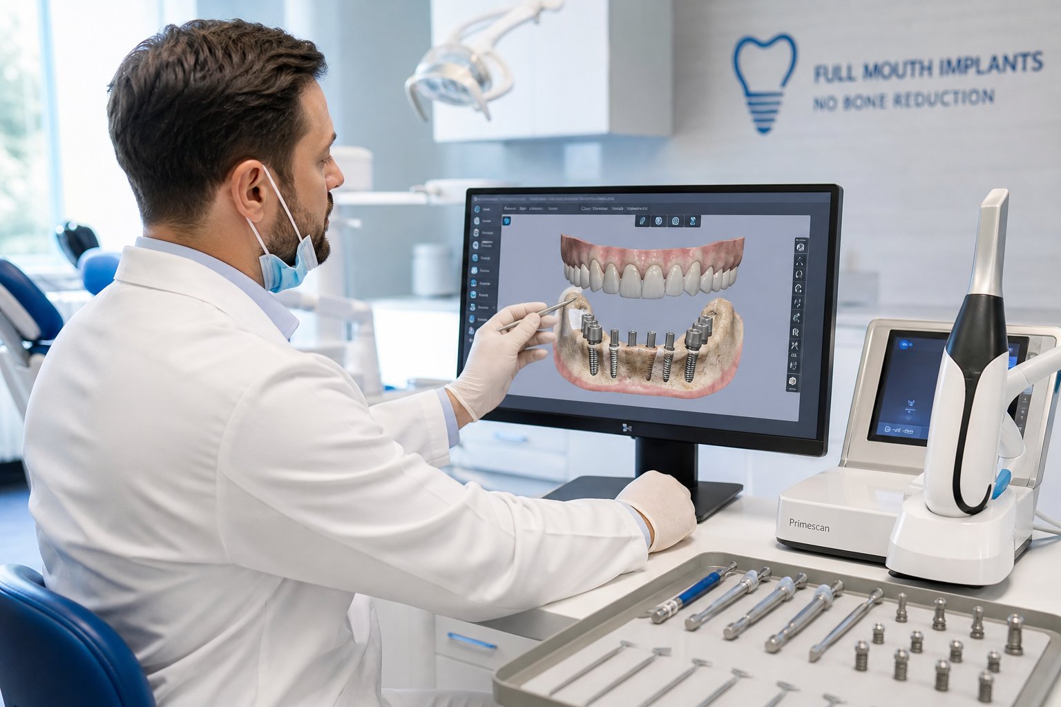 Dentist examining a 3D digital model of a jaw on a computer screen in a modern dental clinic.