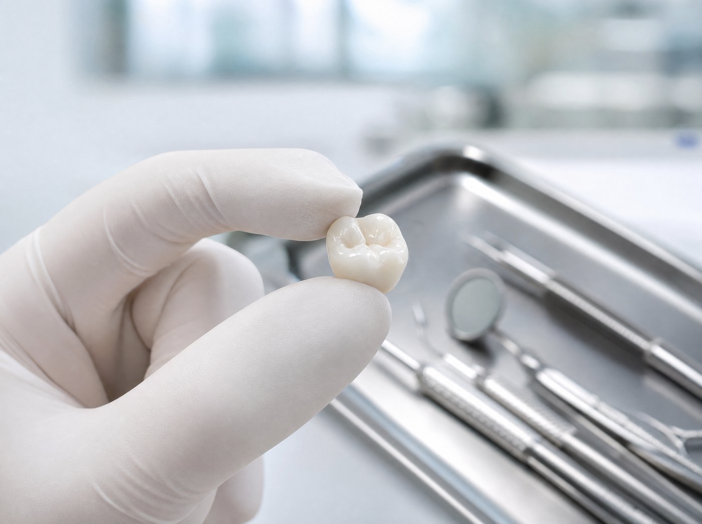 Polished ceramic dental crown held between gloved fingertips