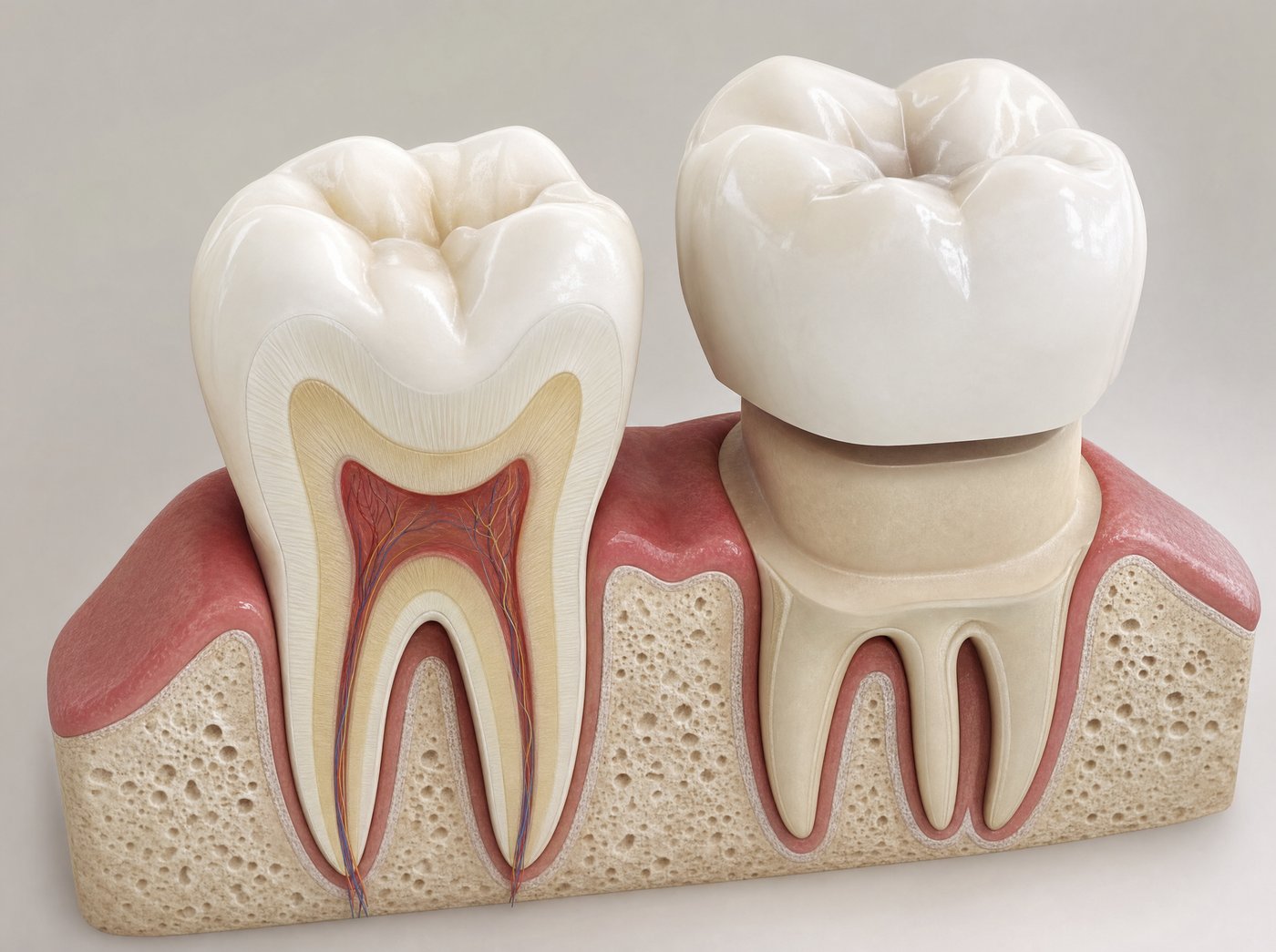 Cross-section comparing a natural molar and a molar restored with a dental crown