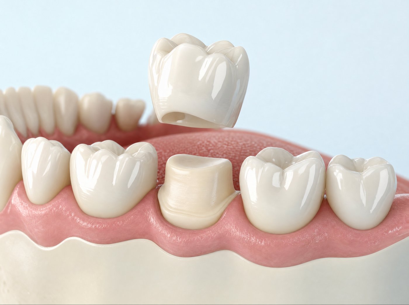 3D illustration of a ceramic dental crown being placed on a prepared molar